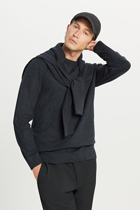 Yünlü Standart Fit Normal Kesim Bisiklet Yaka Triko Basic Antrasit-Melanj Kazak resmi