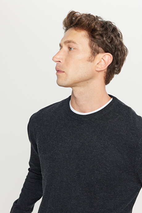 Yünlü Standart Fit Normal Kesim Bisiklet Yaka Triko Basic Antrasit-Melanj Kazak resmi