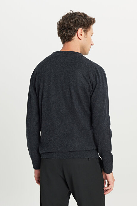 Yünlü Standart Fit Normal Kesim Bisiklet Yaka Triko Basic Antrasit-Melanj Kazak resmi