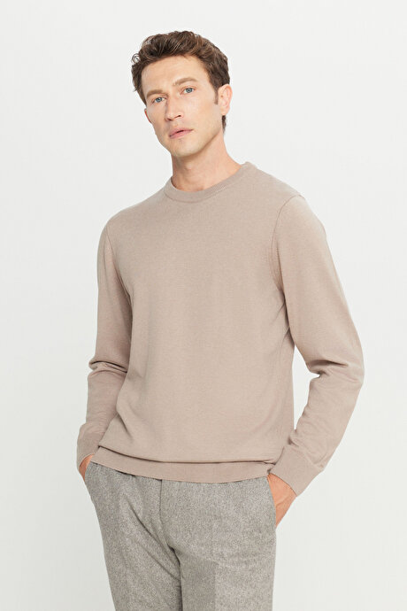 Yünlü Standart Fit Normal Kesim Bisiklet Yaka Triko Basic Bej Melanj Kazak resmi