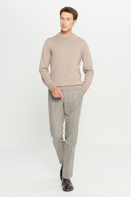 Yünlü Standart Fit Normal Kesim Bisiklet Yaka Triko Basic Bej Melanj Kazak resmi