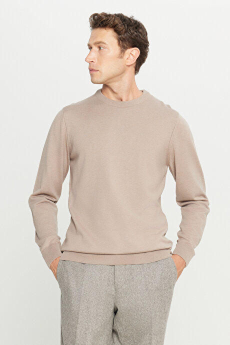 Yünlü Standart Fit Normal Kesim Bisiklet Yaka Triko Basic Bej Melanj Kazak resmi