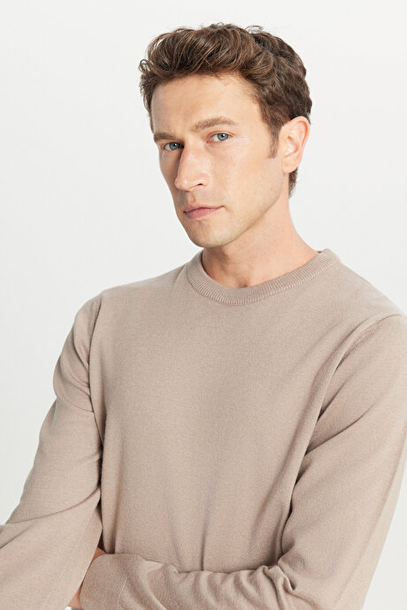 Yünlü Standart Fit Normal Kesim Bisiklet Yaka Triko Basic Bej Melanj Kazak resmi