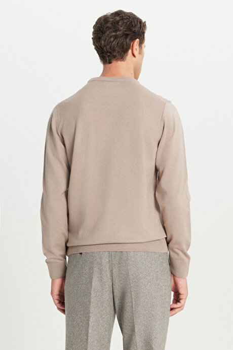 Yünlü Standart Fit Normal Kesim Bisiklet Yaka Triko Basic Bej Melanj Kazak resmi