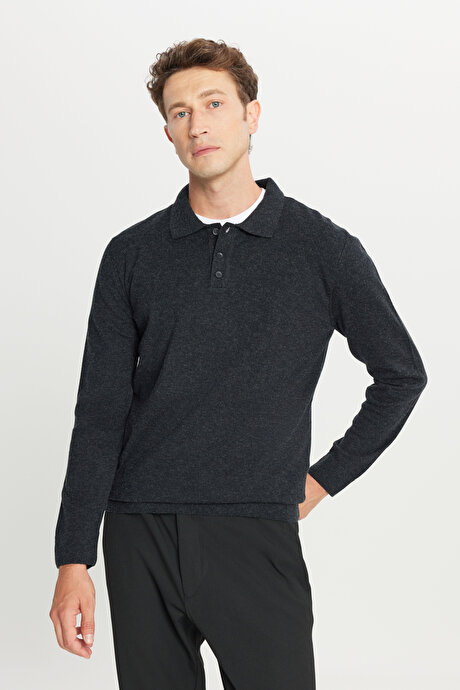 Yünlü Standart Fit Normal Kesim Polo Yaka Triko Antrasit-Melanj Triko resmi