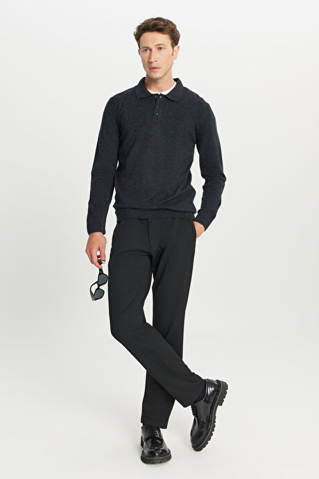 Yünlü Standart Fit Normal Kesim Polo Yaka Triko Antrasit-Melanj Triko resmi