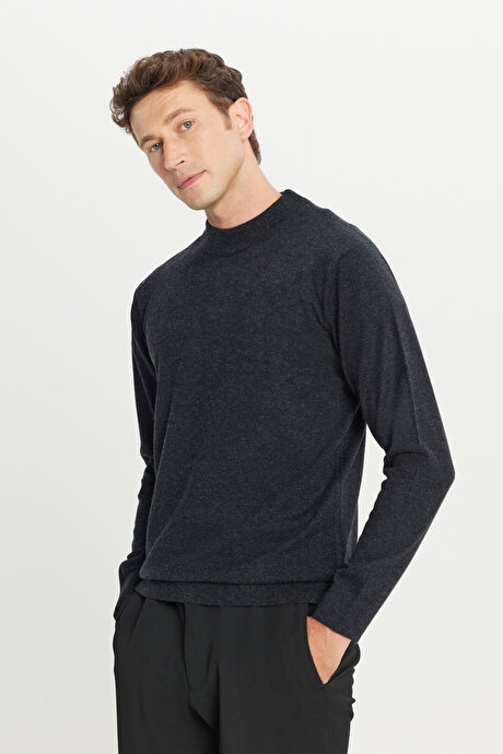 Yünlü Standart Fit Normal Kesim Yarım Balıkçı Yaka Triko Antrasit-Melanj Kazak resmi