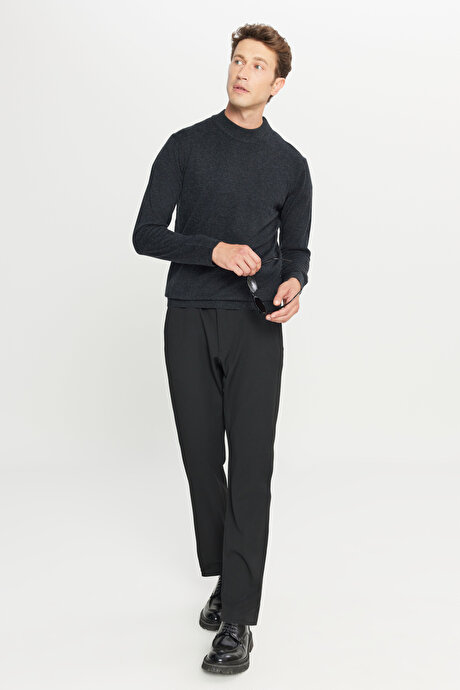 Yünlü Standart Fit Normal Kesim Yarım Balıkçı Yaka Triko Antrasit-Melanj Kazak resmi