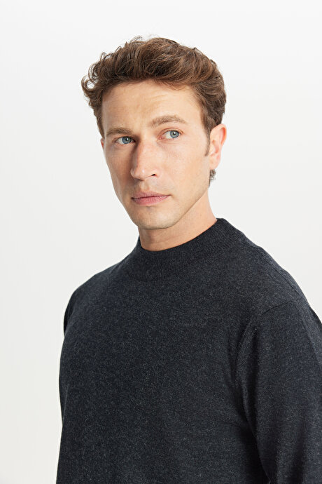 Yünlü Standart Fit Normal Kesim Yarım Balıkçı Yaka Triko Antrasit-Melanj Kazak resmi