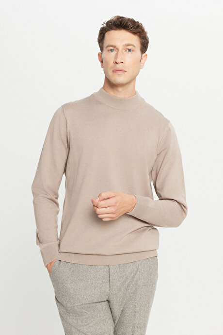 Yünlü Standart Fit Normal Kesim Yarım Balıkçı Yaka Triko Bej Melanj Kazak resmi