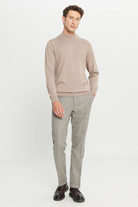 Yünlü Standart Fit Normal Kesim Yarım Balıkçı Yaka Triko Bej Melanj Kazak resmi