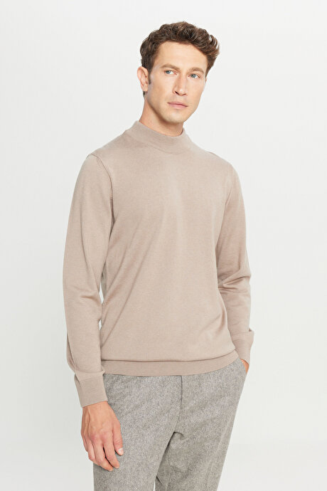 Yünlü Standart Fit Normal Kesim Yarım Balıkçı Yaka Triko Bej Melanj Kazak resmi