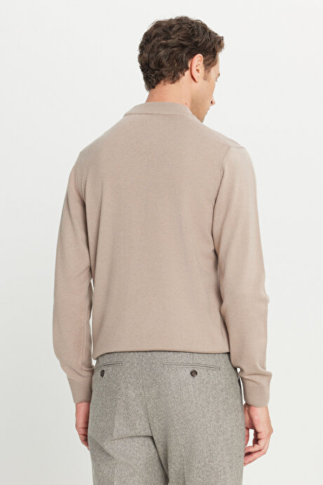 Yünlü Standart Fit Normal Kesim Yarım Balıkçı Yaka Triko Bej Melanj Kazak resmi