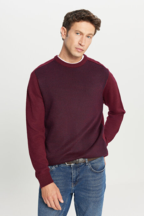 Standart Fit Normal Kesim Bisiklet Yaka Jakarlı Triko Bordo-Lacivert Kazak resmi