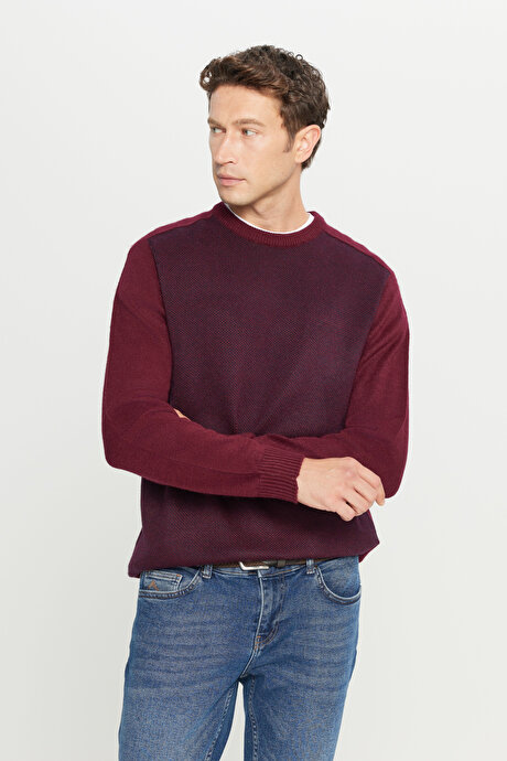 Standart Fit Normal Kesim Bisiklet Yaka Jakarlı Triko Bordo-Lacivert Kazak resmi