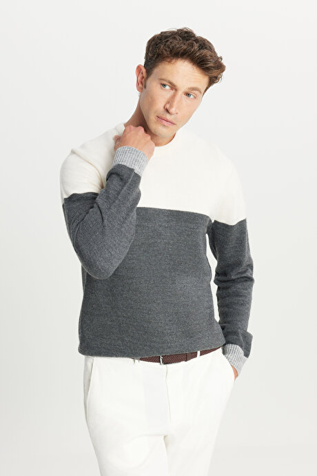 Standart Fit Normal Kesim Bisiklet Yaka Triko Antrasit-Ekru Kazak resmi