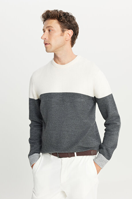 Standart Fit Normal Kesim Bisiklet Yaka Triko Antrasit-Ekru Kazak resmi