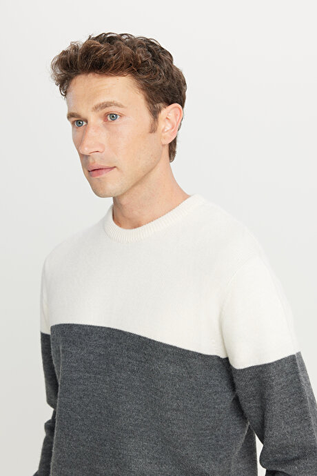 Standart Fit Normal Kesim Bisiklet Yaka Triko Antrasit-Ekru Kazak resmi