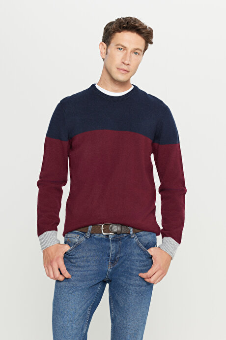 Standart Fit Normal Kesim Bisiklet Yaka Triko Bordo-Lacivert Kazak resmi