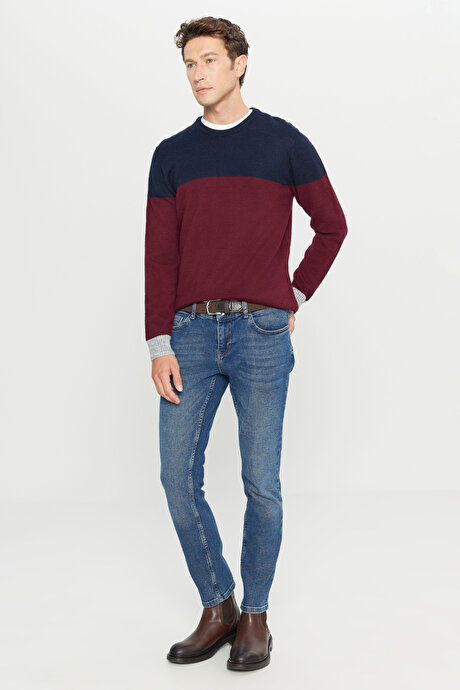 Standart Fit Normal Kesim Bisiklet Yaka Triko Bordo-Lacivert Kazak resmi