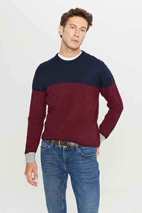 Standart Fit Normal Kesim Bisiklet Yaka Triko Bordo-Lacivert Kazak resmi