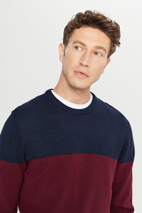 Standart Fit Normal Kesim Bisiklet Yaka Triko Bordo-Lacivert Kazak resmi