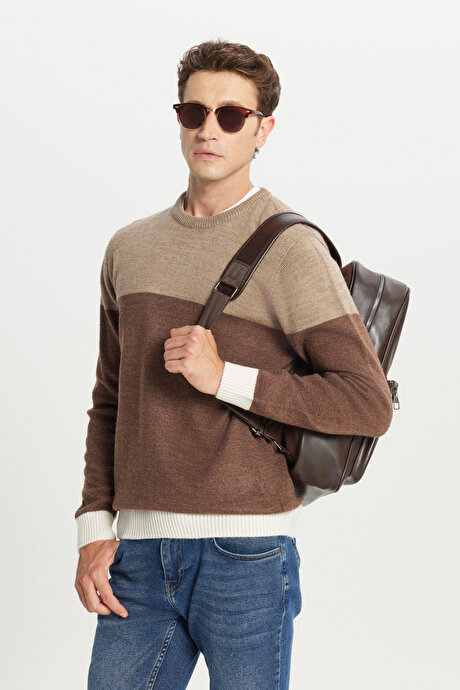 Standart Fit Normal Kesim Bisiklet Yaka Triko Kahve-Bej Kazak resmi