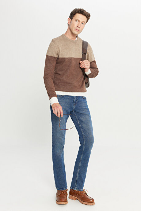 Standart Fit Normal Kesim Bisiklet Yaka Triko Kahve-Bej Kazak resmi