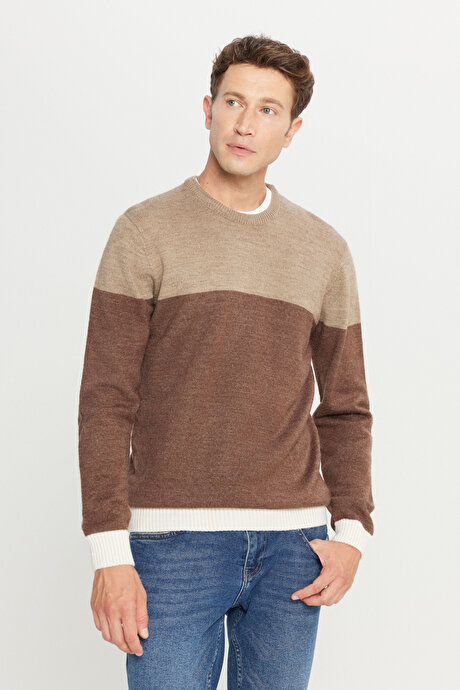 Standart Fit Normal Kesim Bisiklet Yaka Triko Kahve-Bej Kazak resmi