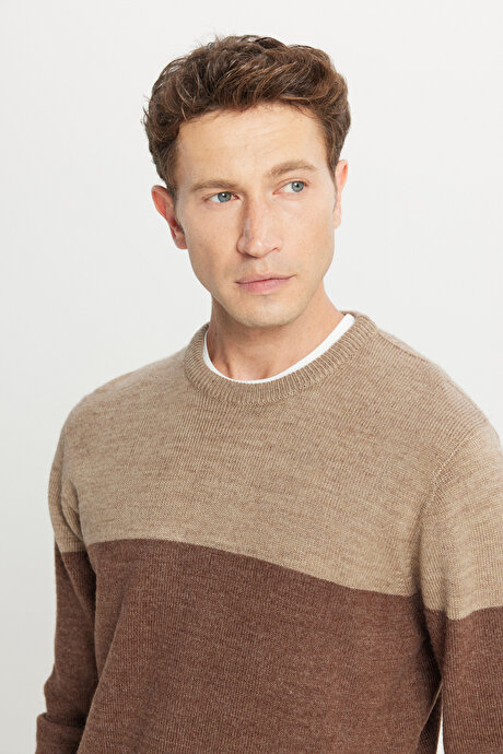 Standart Fit Normal Kesim Bisiklet Yaka Triko Kahve-Bej Kazak resmi