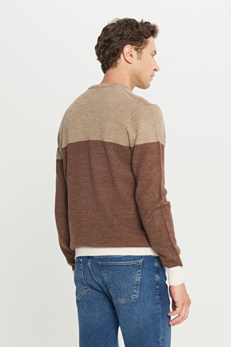 Standart Fit Normal Kesim Bisiklet Yaka Triko Kahve-Bej Kazak resmi