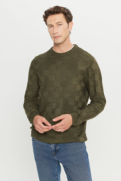 Standart Fit Normal Kesim Bisiklet Yaka Jakarlı Triko Haki Kazak resmi