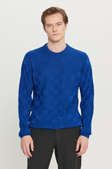 Standart Fit Normal Kesim Bisiklet Yaka Jakarlı Triko Saks Kazak resmi