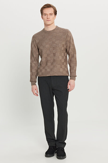 Standart Fit Normal Kesim Bisiklet Yaka Jakarlı Triko Vizon Kazak resmi