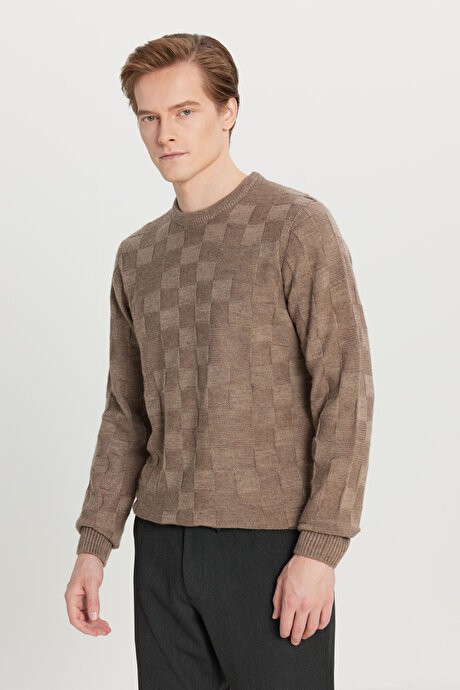 Standart Fit Normal Kesim Bisiklet Yaka Jakarlı Triko Vizon Kazak resmi