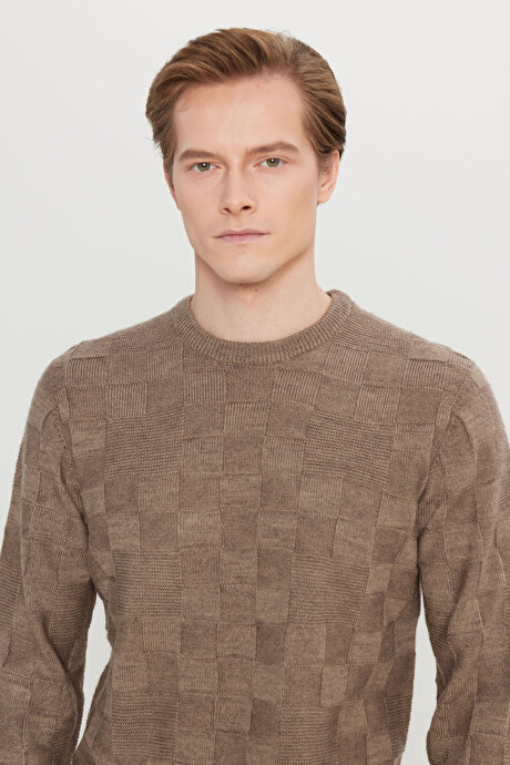 Standart Fit Normal Kesim Bisiklet Yaka Jakarlı Triko Vizon Kazak resmi