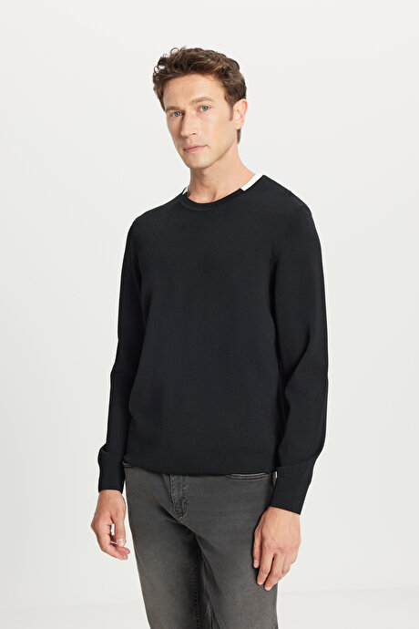 Standart Fit Normal Kesim Bisiklet Yaka Triko Siyah Kazak resmi