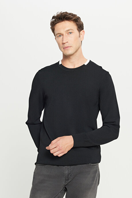 Standart Fit Normal Kesim Bisiklet Yaka Triko Siyah Kazak resmi