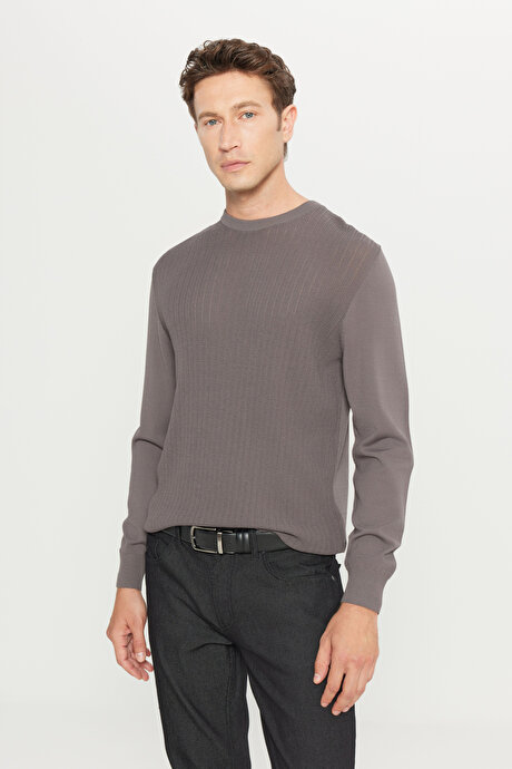 Standart Fit Normal Kesim Bisiklet Yaka Jakarlı Triko Antrasit Kazak resmi