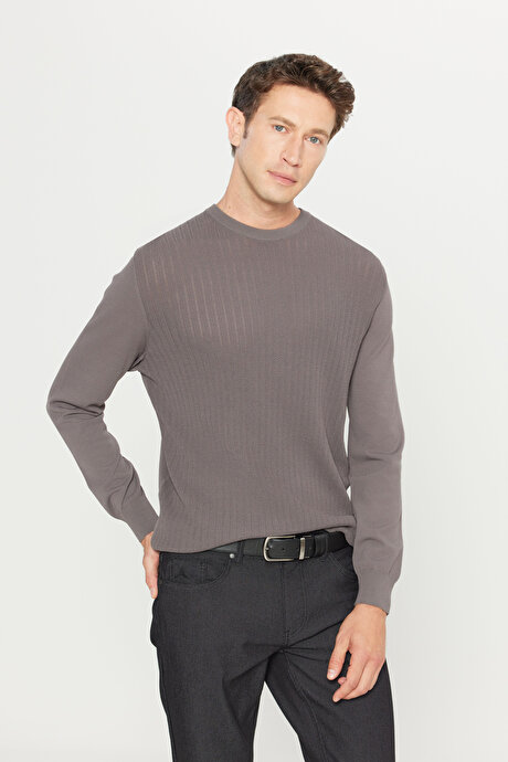 Standart Fit Normal Kesim Bisiklet Yaka Jakarlı Triko Antrasit Kazak resmi