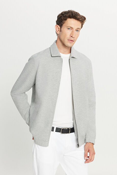 Pamuklu Standart Fit Normal Kesim Gömlek Yaka Diagonal Desenli Cepli Gri Sweatshirt resmi