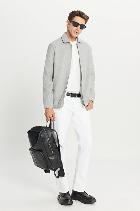 Pamuklu Standart Fit Normal Kesim Gömlek Yaka Diagonal Desenli Cepli Gri Sweatshirt resmi