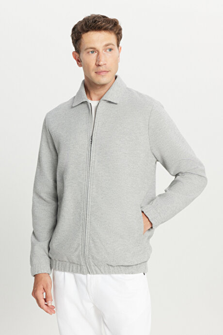 Pamuklu Standart Fit Normal Kesim Gömlek Yaka Diagonal Desenli Cepli Gri Sweatshirt resmi