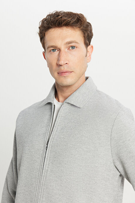 Pamuklu Standart Fit Normal Kesim Gömlek Yaka Diagonal Desenli Cepli Gri Sweatshirt resmi