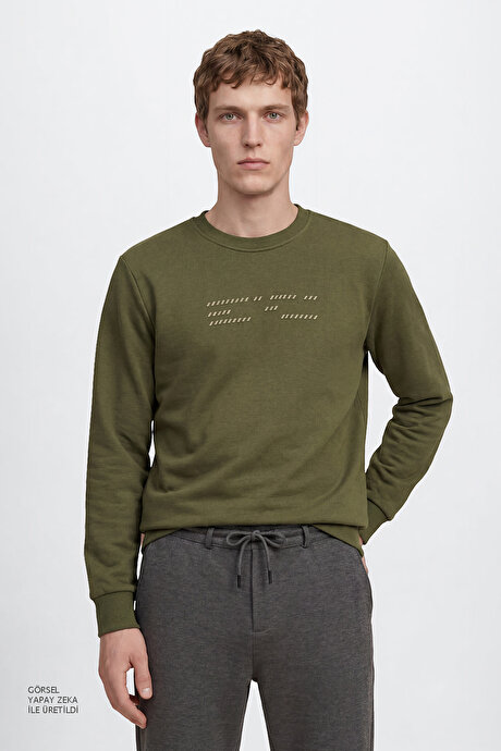 Pamuklu Standart Fit Normal Kesim Bisiklet Yaka Haki Sweatshirt resmi