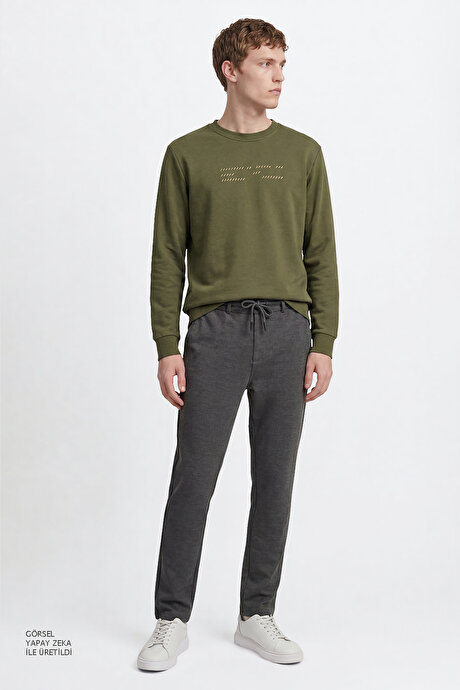 Pamuklu Standart Fit Normal Kesim Bisiklet Yaka Haki Sweatshirt resmi