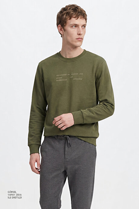 Pamuklu Standart Fit Normal Kesim Bisiklet Yaka Haki Sweatshirt resmi