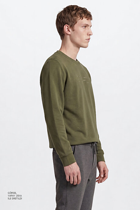 Pamuklu Standart Fit Normal Kesim Bisiklet Yaka Haki Sweatshirt resmi