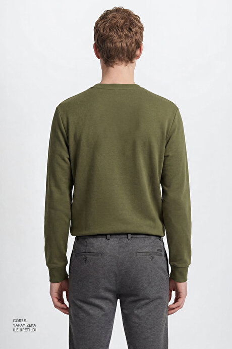 Pamuklu Standart Fit Normal Kesim Bisiklet Yaka Haki Sweatshirt resmi