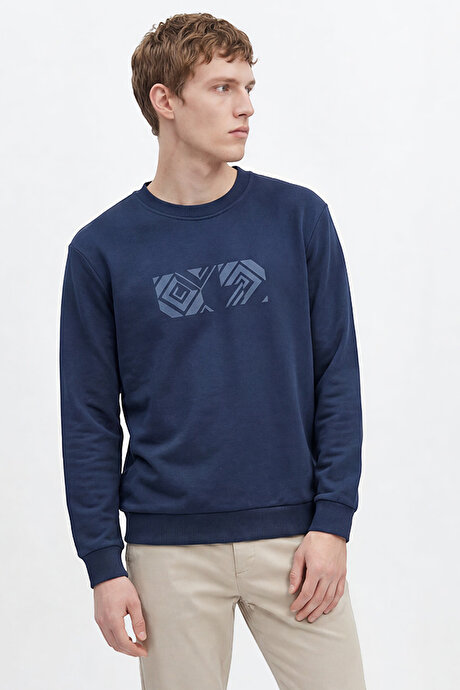 Pamuklu Standart Fit Normal Kesim Bisiklet Yaka Lacivert Sweatshirt resmi